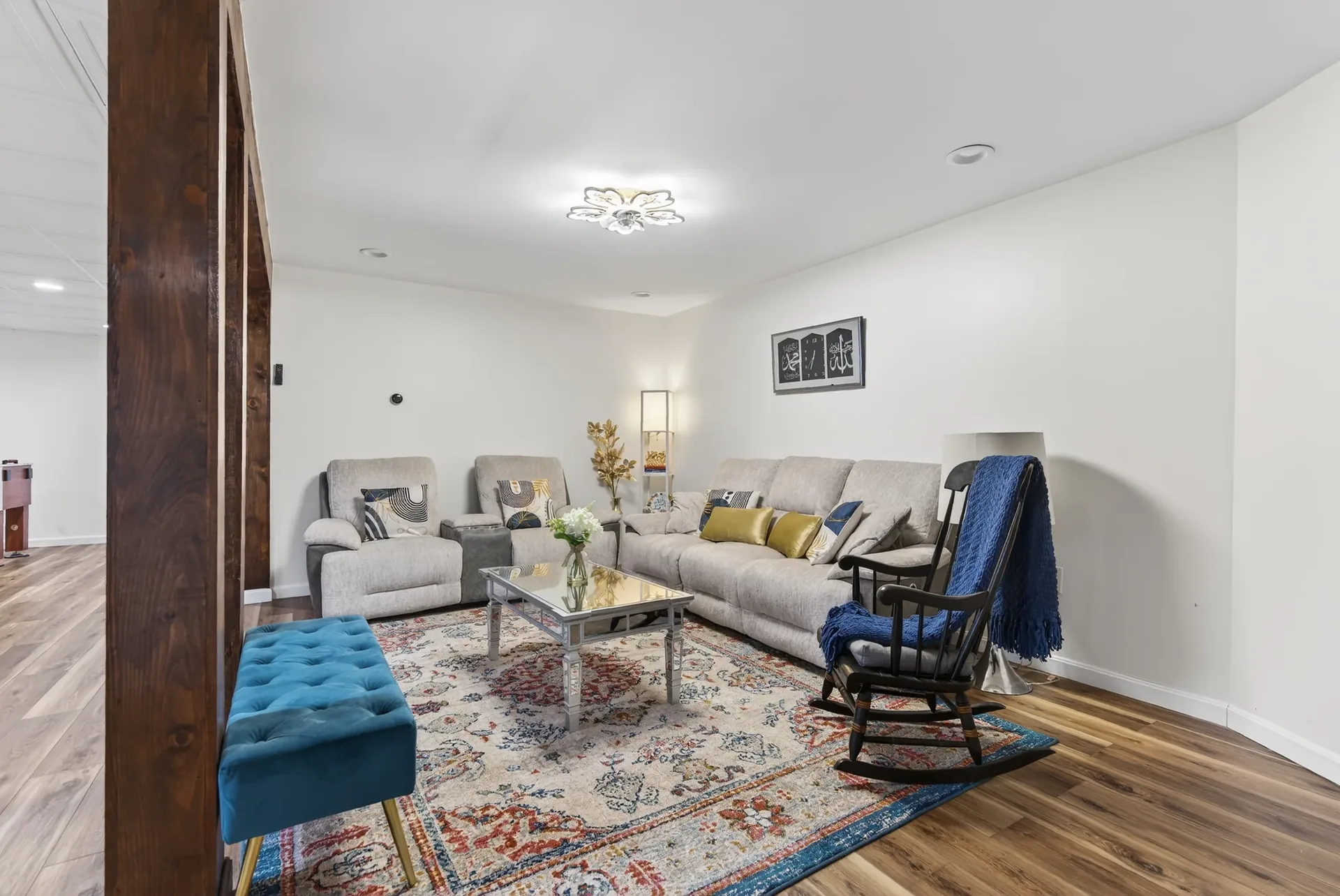 Lower-level sitting area staged